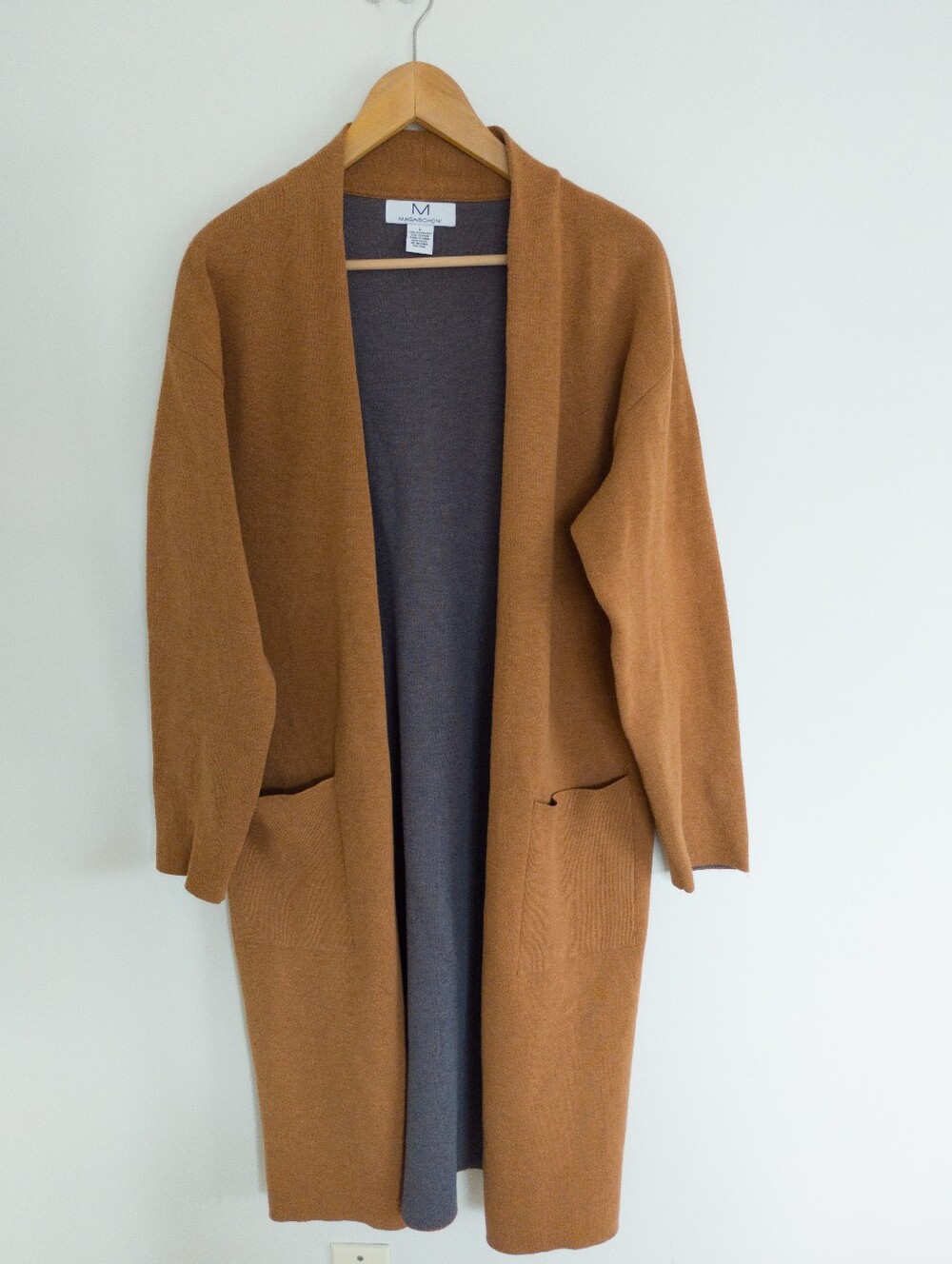Magaschoni Open Front Longline Duster Cardigan Sweater Pockets Camel Brown Large